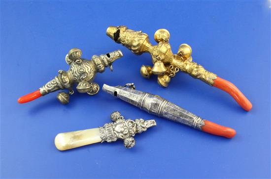 A George III silver childs whistle with coral teether & 3 others.